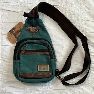 Teal Canvas Crossbody Bag with Brown Accents
